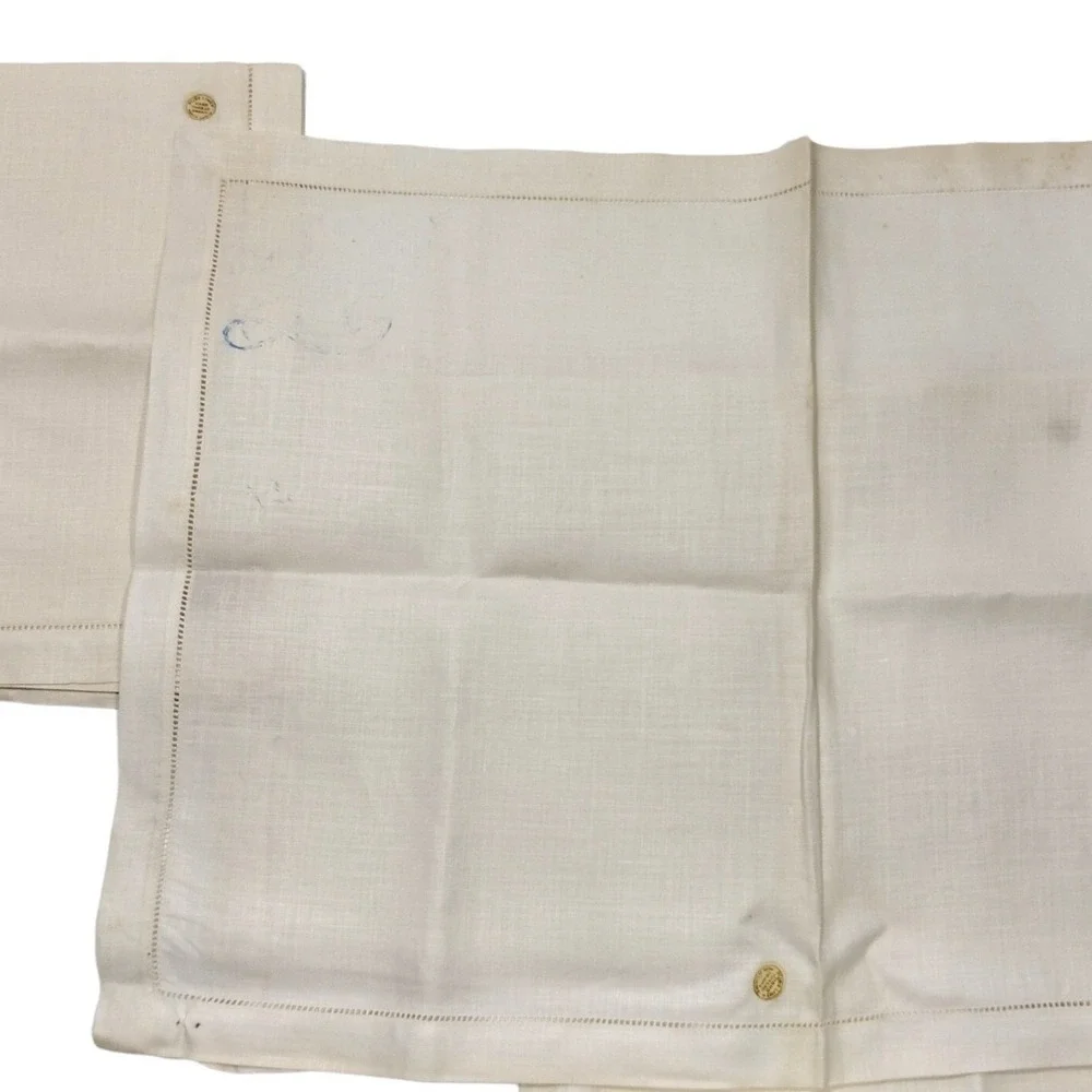 Vtg 100%‎ Linen 5 Napkins Hand Thread Drawn Ireland Tagged EIBAND'S Galveston TX